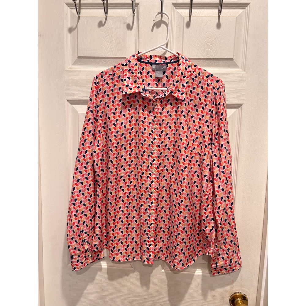JCP Women Pink Orange Heart Print Cotton Silk‎ Blend Button Down Shirt XL